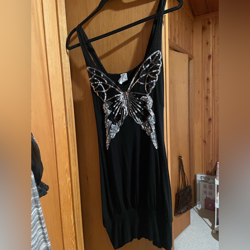 Y2K Misope Black Mini Dress with Silver Sequin Butterfly 🦋
